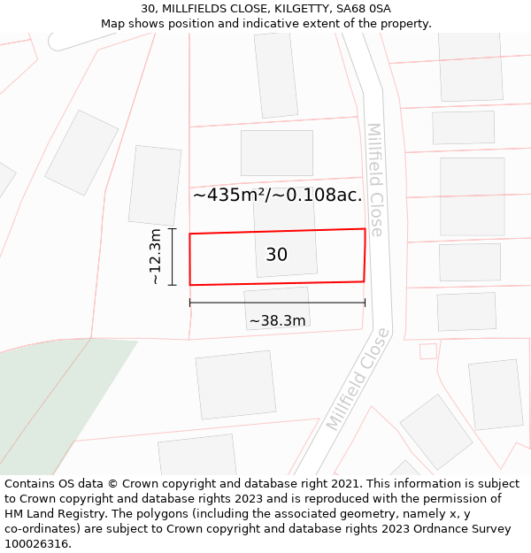 30, MILLFIELDS CLOSE, KILGETTY, SA68 0SA: Plot and title map