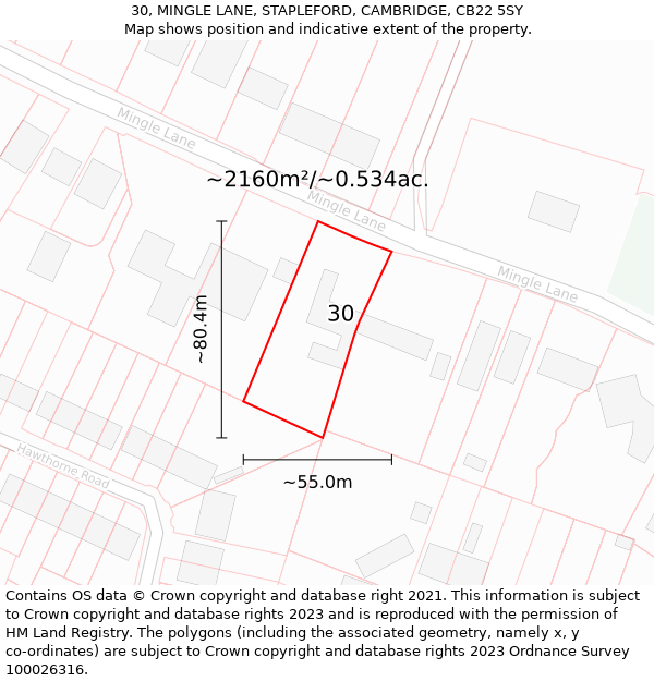 30, MINGLE LANE, STAPLEFORD, CAMBRIDGE, CB22 5SY: Plot and title map