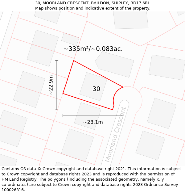 30, MOORLAND CRESCENT, BAILDON, SHIPLEY, BD17 6RL: Plot and title map