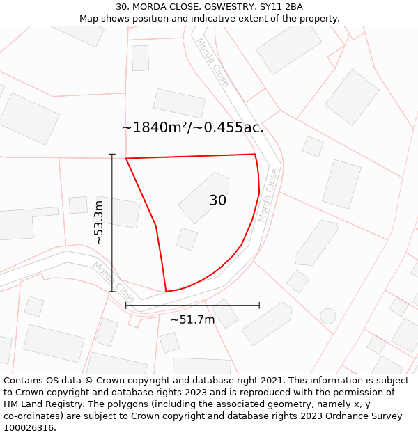 30, MORDA CLOSE, OSWESTRY, SY11 2BA: Plot and title map