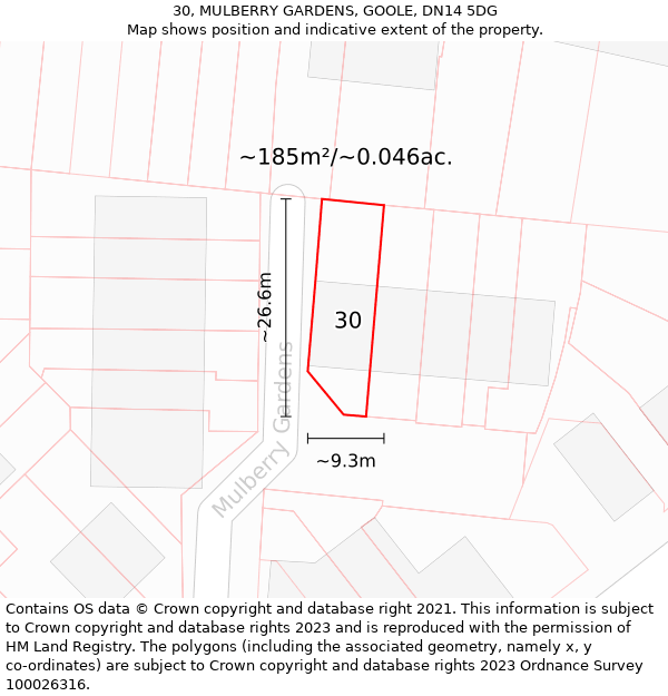 30, MULBERRY GARDENS, GOOLE, DN14 5DG: Plot and title map