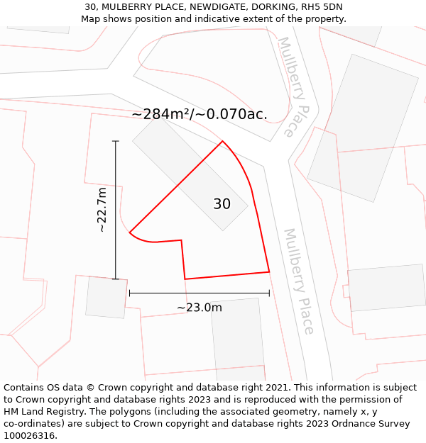 30, MULBERRY PLACE, NEWDIGATE, DORKING, RH5 5DN: Plot and title map