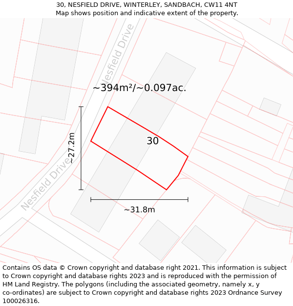 30, NESFIELD DRIVE, WINTERLEY, SANDBACH, CW11 4NT: Plot and title map