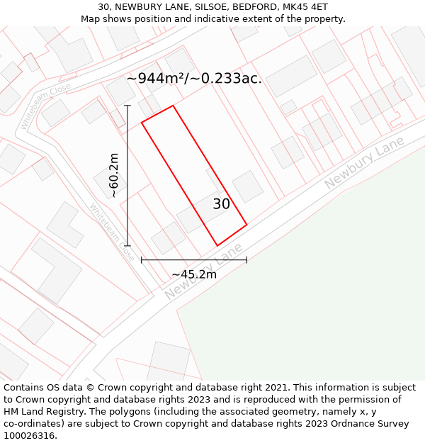 30, NEWBURY LANE, SILSOE, BEDFORD, MK45 4ET: Plot and title map