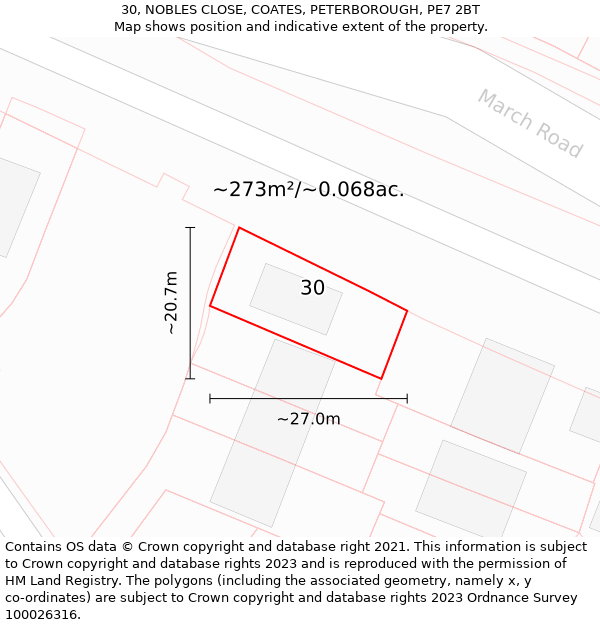 30, NOBLES CLOSE, COATES, PETERBOROUGH, PE7 2BT: Plot and title map