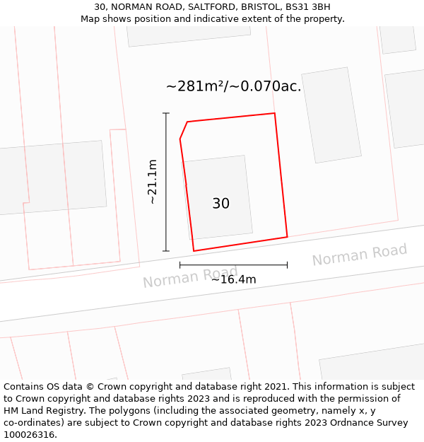 30, NORMAN ROAD, SALTFORD, BRISTOL, BS31 3BH: Plot and title map