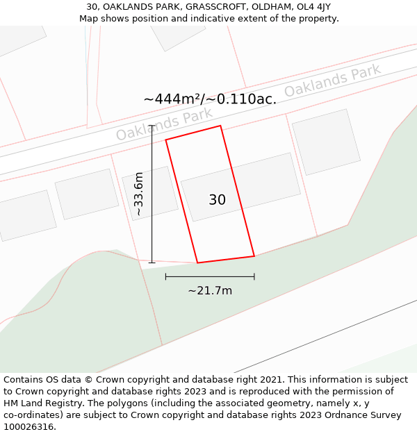 30, OAKLANDS PARK, GRASSCROFT, OLDHAM, OL4 4JY: Plot and title map