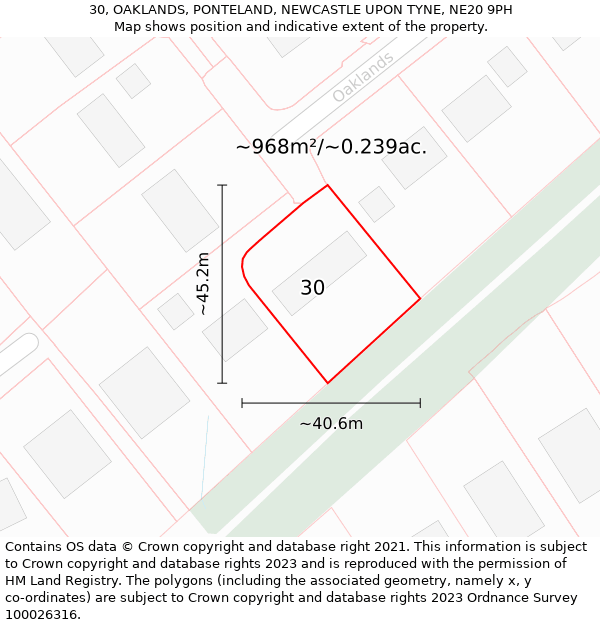 30, OAKLANDS, PONTELAND, NEWCASTLE UPON TYNE, NE20 9PH: Plot and title map