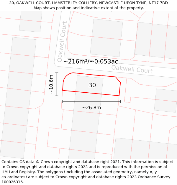 30, OAKWELL COURT, HAMSTERLEY COLLIERY, NEWCASTLE UPON TYNE, NE17 7BD: Plot and title map