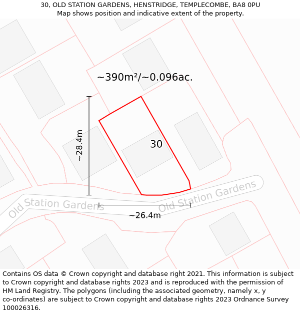 30, OLD STATION GARDENS, HENSTRIDGE, TEMPLECOMBE, BA8 0PU: Plot and title map