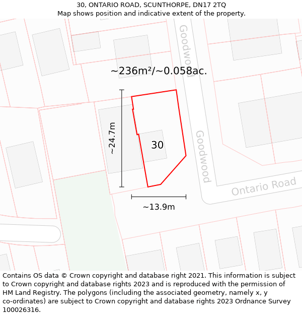 30, ONTARIO ROAD, SCUNTHORPE, DN17 2TQ: Plot and title map