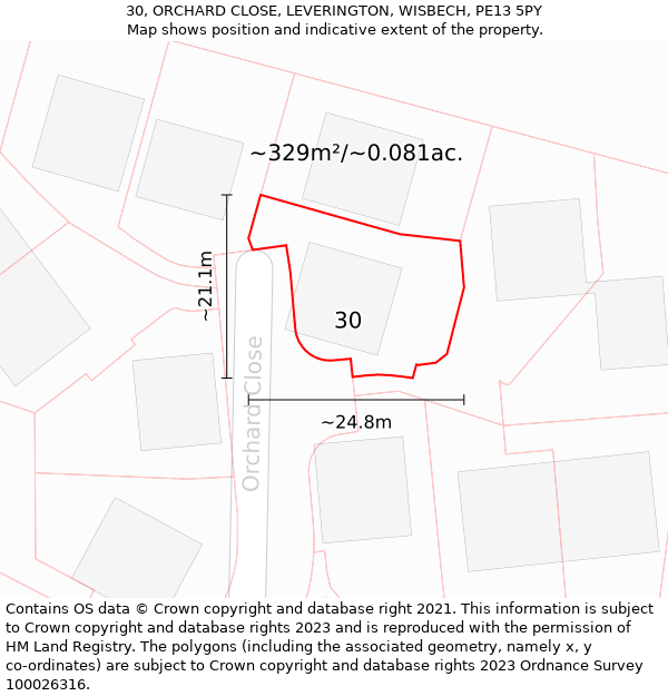 30, ORCHARD CLOSE, LEVERINGTON, WISBECH, PE13 5PY: Plot and title map