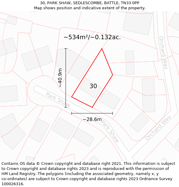 30, PARK SHAW, SEDLESCOMBE, BATTLE, TN33 0PP: Plot and title map