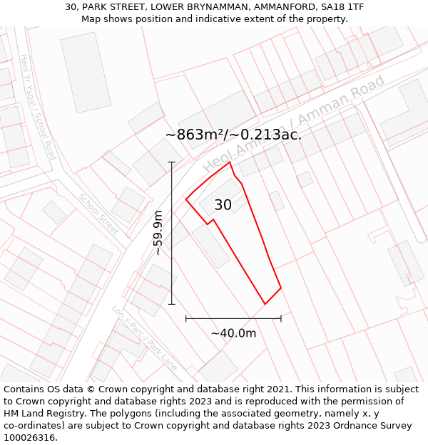 30, PARK STREET, LOWER BRYNAMMAN, AMMANFORD, SA18 1TF: Plot and title map