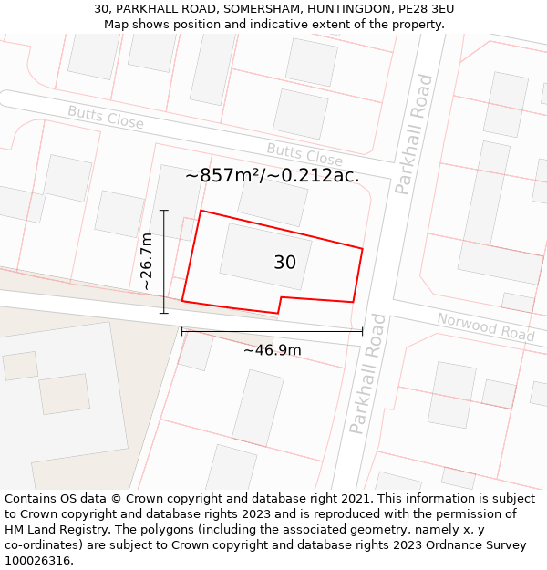 30, PARKHALL ROAD, SOMERSHAM, HUNTINGDON, PE28 3EU: Plot and title map