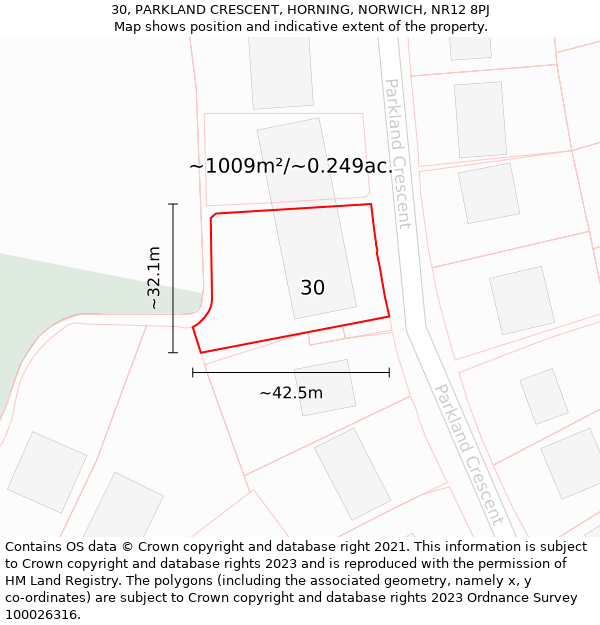 30, PARKLAND CRESCENT, HORNING, NORWICH, NR12 8PJ: Plot and title map