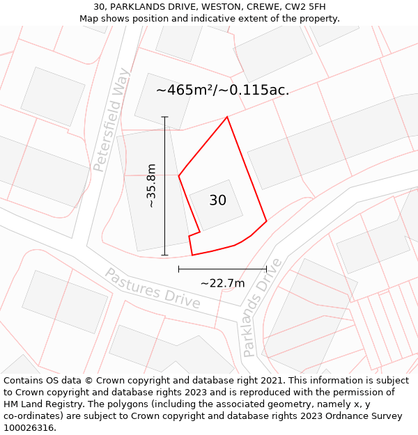 30, PARKLANDS DRIVE, WESTON, CREWE, CW2 5FH: Plot and title map