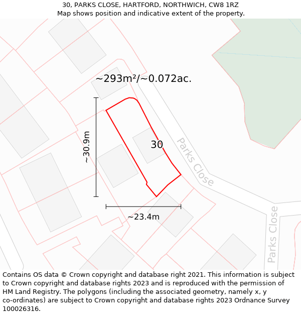 30, PARKS CLOSE, HARTFORD, NORTHWICH, CW8 1RZ: Plot and title map