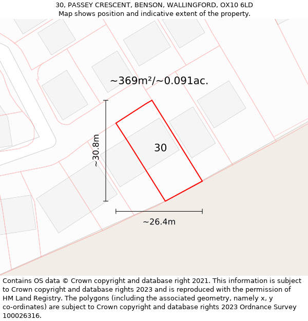 30, PASSEY CRESCENT, BENSON, WALLINGFORD, OX10 6LD: Plot and title map