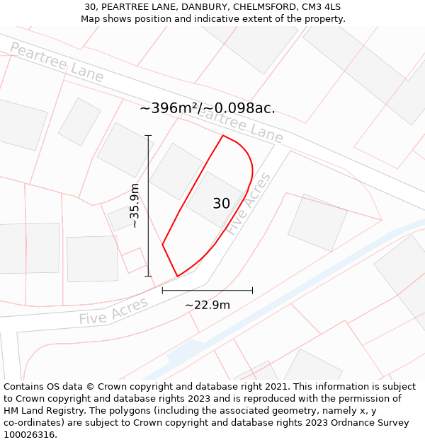 30, PEARTREE LANE, DANBURY, CHELMSFORD, CM3 4LS: Plot and title map