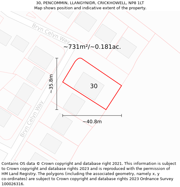 30, PENCOMMIN, LLANGYNIDR, CRICKHOWELL, NP8 1LT: Plot and title map