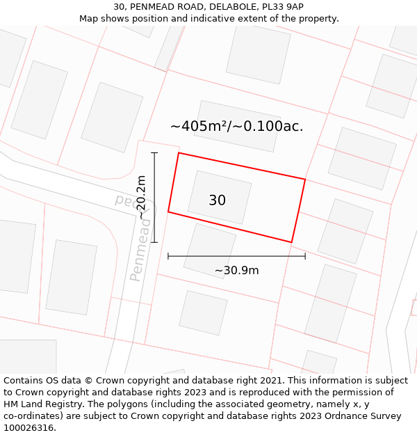 30, PENMEAD ROAD, DELABOLE, PL33 9AP: Plot and title map