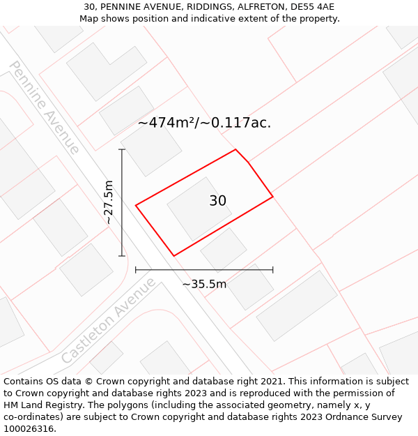 30, PENNINE AVENUE, RIDDINGS, ALFRETON, DE55 4AE: Plot and title map