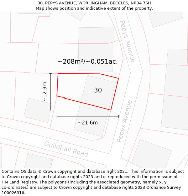 30, PEPYS AVENUE, WORLINGHAM, BECCLES, NR34 7SH: Plot and title map