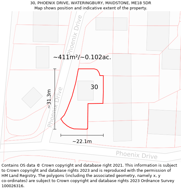 30, PHOENIX DRIVE, WATERINGBURY, MAIDSTONE, ME18 5DR: Plot and title map