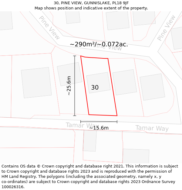 30, PINE VIEW, GUNNISLAKE, PL18 9JF: Plot and title map