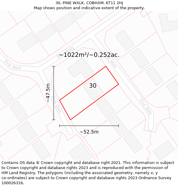 30, PINE WALK, COBHAM, KT11 2HJ: Plot and title map