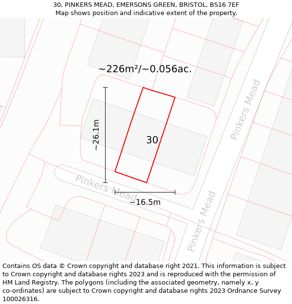 30, PINKERS MEAD, EMERSONS GREEN, BRISTOL, BS16 7EF: Plot and title map