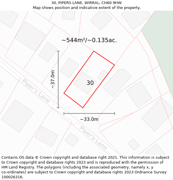 30, PIPERS LANE, WIRRAL, CH60 9HW: Plot and title map