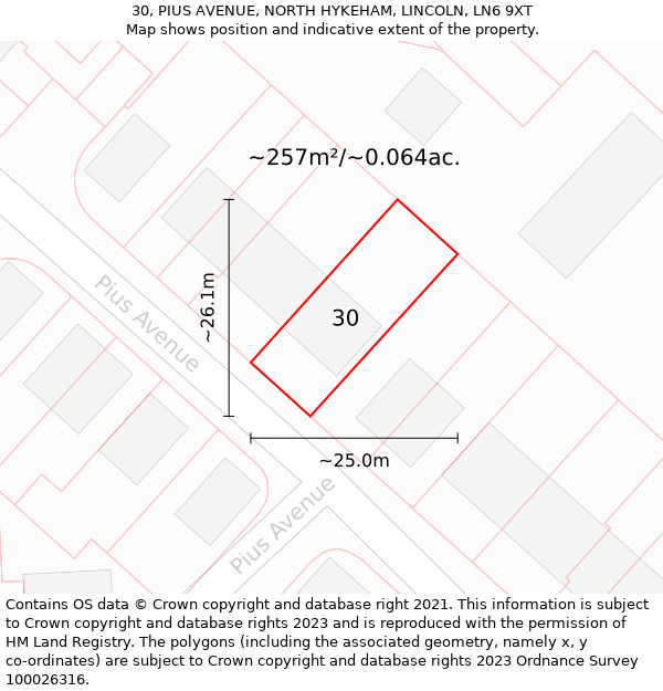 30, PIUS AVENUE, NORTH HYKEHAM, LINCOLN, LN6 9XT: Plot and title map