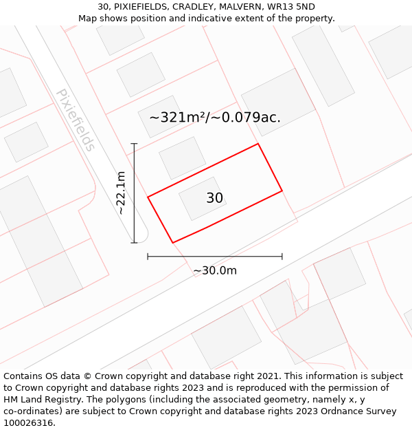 30, PIXIEFIELDS, CRADLEY, MALVERN, WR13 5ND: Plot and title map