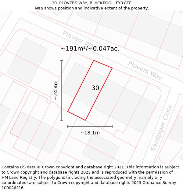 30, PLOVERS WAY, BLACKPOOL, FY3 8FE: Plot and title map