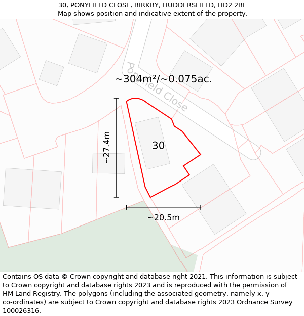 30, PONYFIELD CLOSE, BIRKBY, HUDDERSFIELD, HD2 2BF: Plot and title map