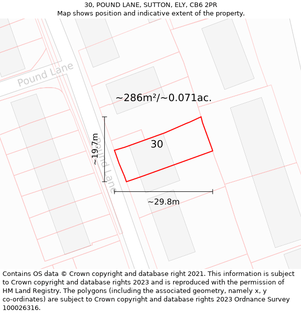 30, POUND LANE, SUTTON, ELY, CB6 2PR: Plot and title map