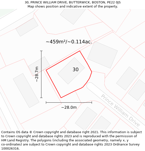 30, PRINCE WILLIAM DRIVE, BUTTERWICK, BOSTON, PE22 0JS: Plot and title map