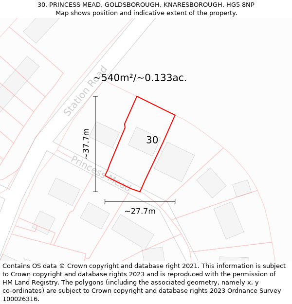 30, PRINCESS MEAD, GOLDSBOROUGH, KNARESBOROUGH, HG5 8NP: Plot and title map