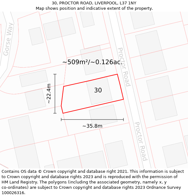 30, PROCTOR ROAD, LIVERPOOL, L37 1NY: Plot and title map