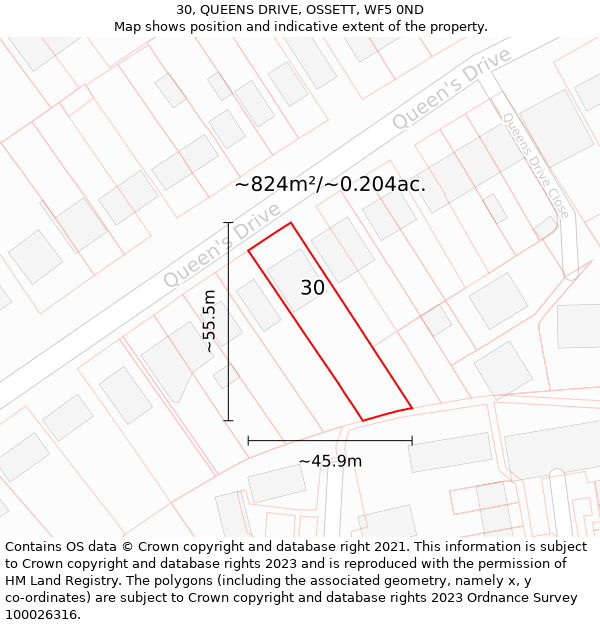 30, QUEENS DRIVE, OSSETT, WF5 0ND: Plot and title map