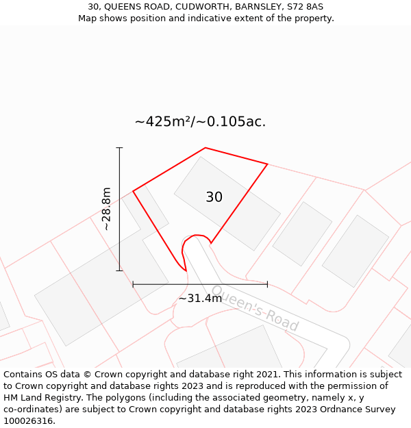 30, QUEENS ROAD, CUDWORTH, BARNSLEY, S72 8AS: Plot and title map