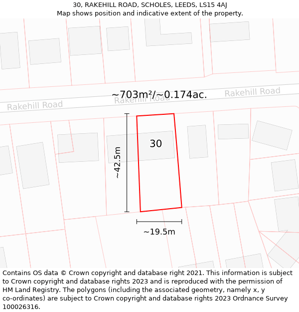 30, RAKEHILL ROAD, SCHOLES, LEEDS, LS15 4AJ: Plot and title map