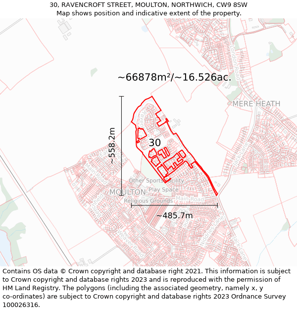 30, RAVENCROFT STREET, MOULTON, NORTHWICH, CW9 8SW: Plot and title map