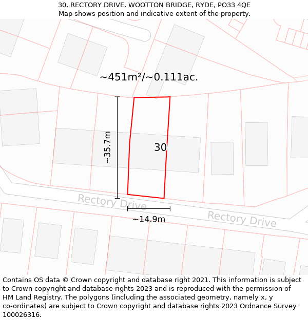 30, RECTORY DRIVE, WOOTTON BRIDGE, RYDE, PO33 4QE: Plot and title map