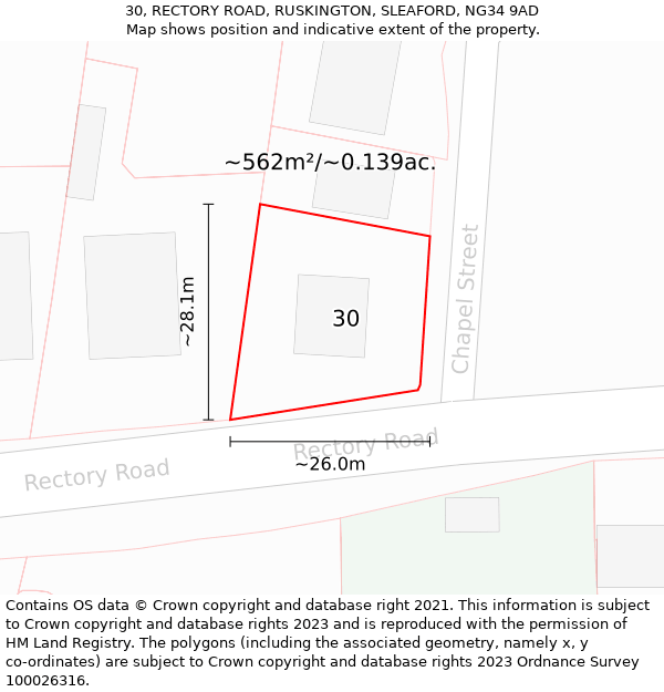 30, RECTORY ROAD, RUSKINGTON, SLEAFORD, NG34 9AD: Plot and title map