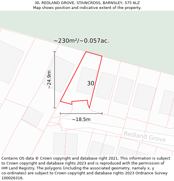 30, REDLAND GROVE, STAINCROSS, BARNSLEY, S75 6LZ: Plot and title map