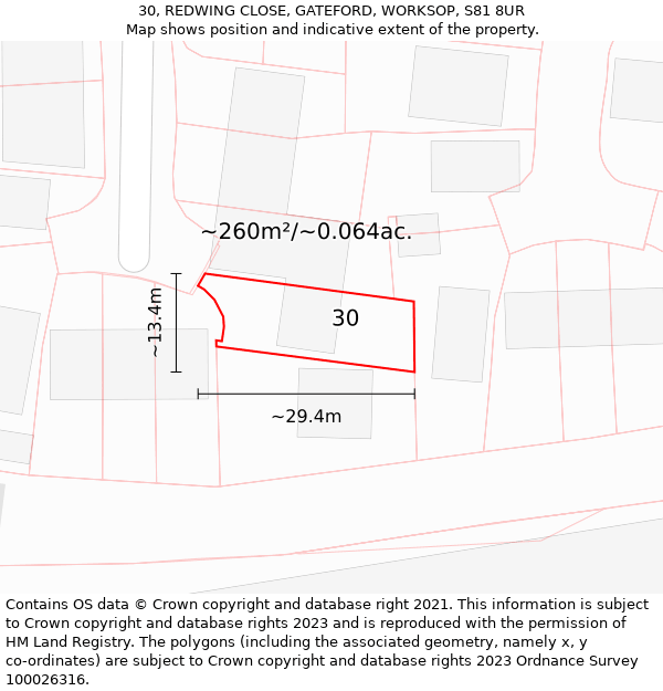 30, REDWING CLOSE, GATEFORD, WORKSOP, S81 8UR: Plot and title map