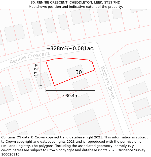 30, RENNIE CRESCENT, CHEDDLETON, LEEK, ST13 7HD: Plot and title map